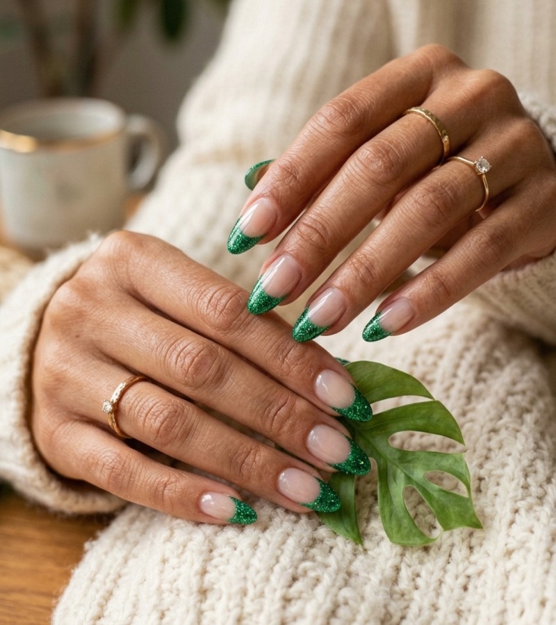 Green Glitter French Tips