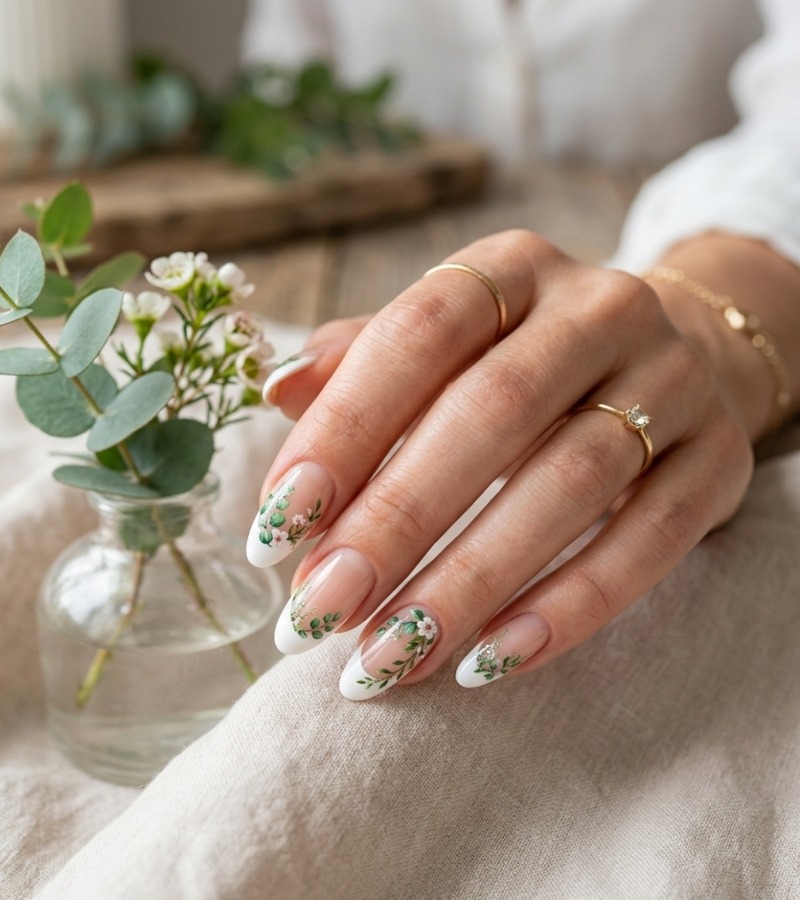 French Tips with Green Floral Decals
