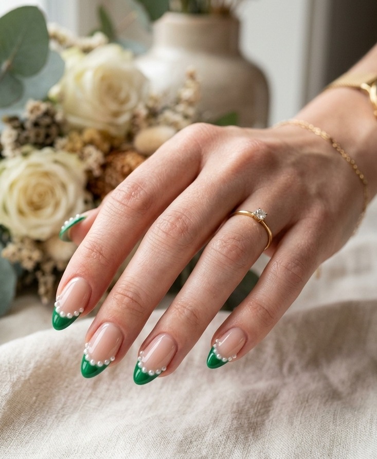 Green French Tips with Tiny Pearls