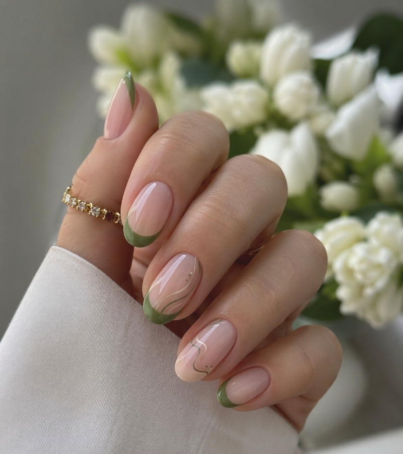 Green French Tips with Minimal Doodles