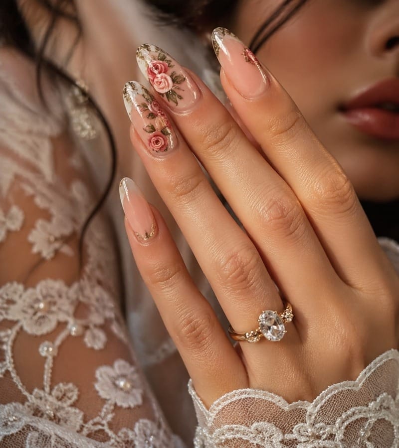 Vintage Roses on Wedding Nails
Romantic Vintage Rose Nail Art