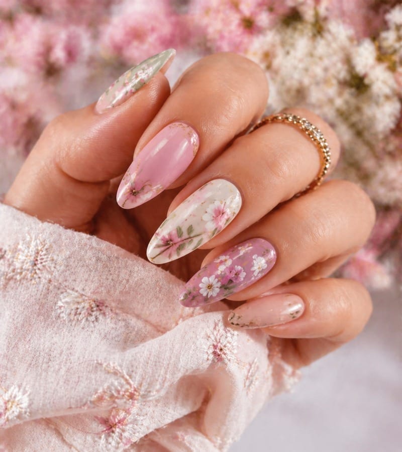 Floral Fantasy: Spring Blossoms on Almond Nails