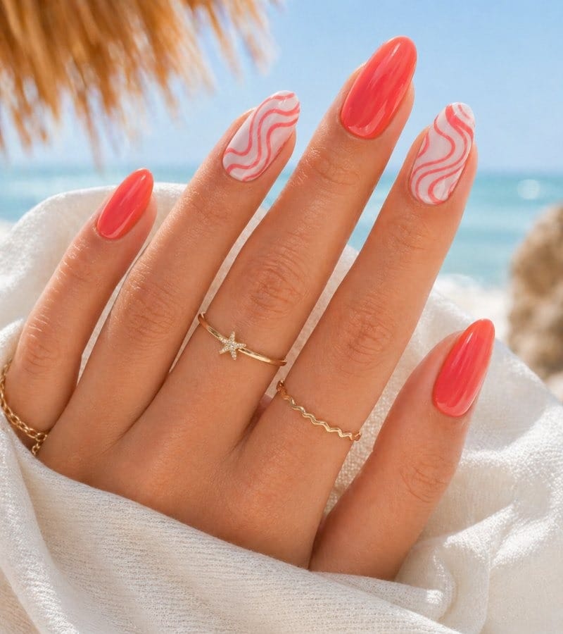 Bright Coral and White Swirls