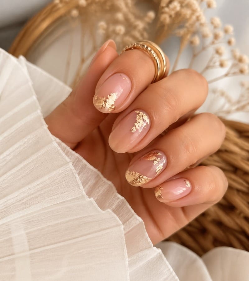 Gold Foil Accents on Nude Nails
