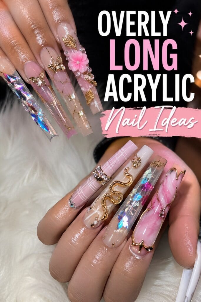 Overly Long Acrylic Nails with Multiple Design Elements