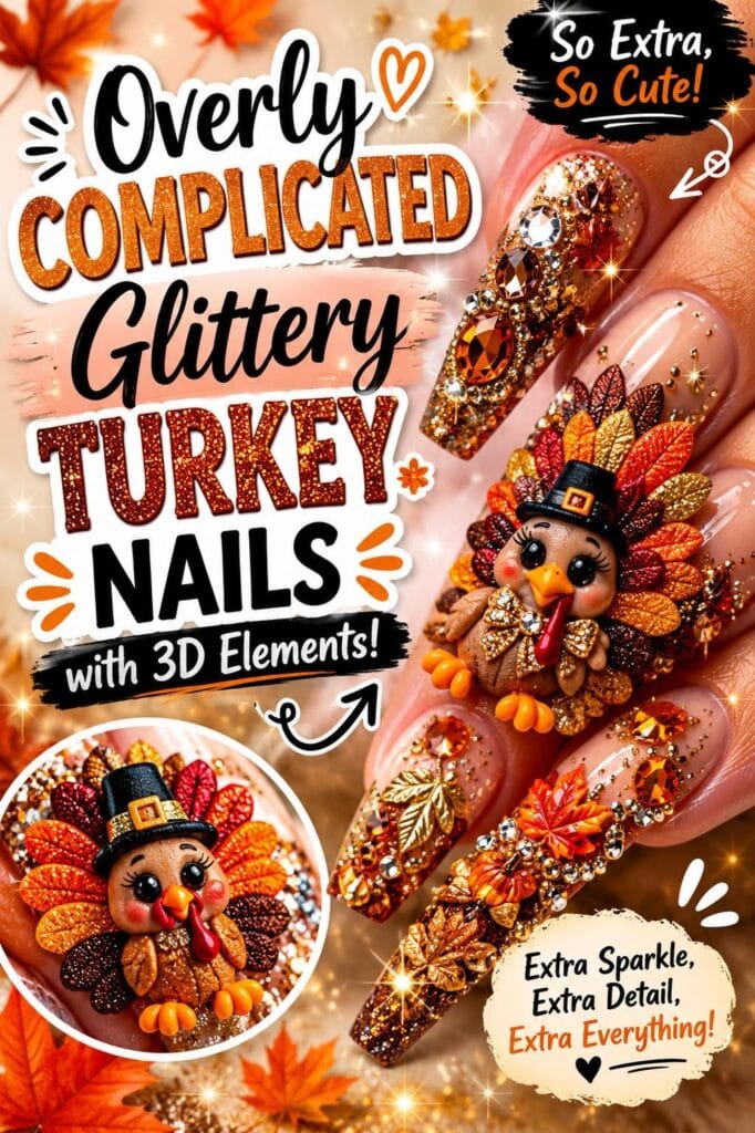 Overly Complicated Glittery Turkey Nails with 3D Elements