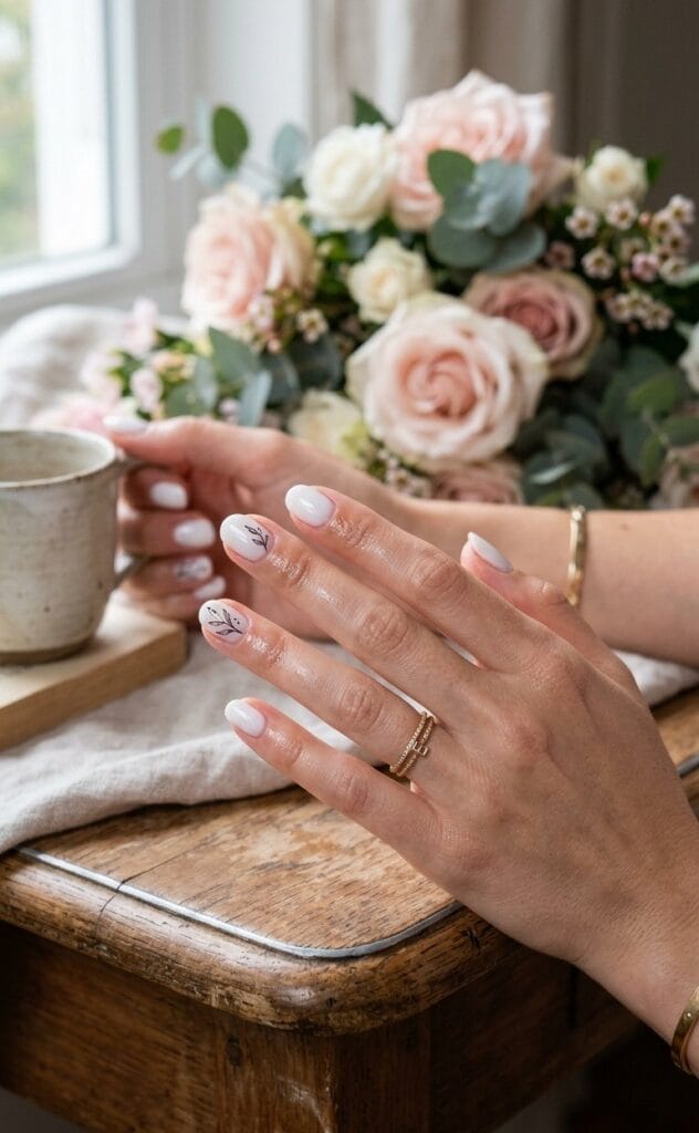 Crisp White Nails with Minimalist Art