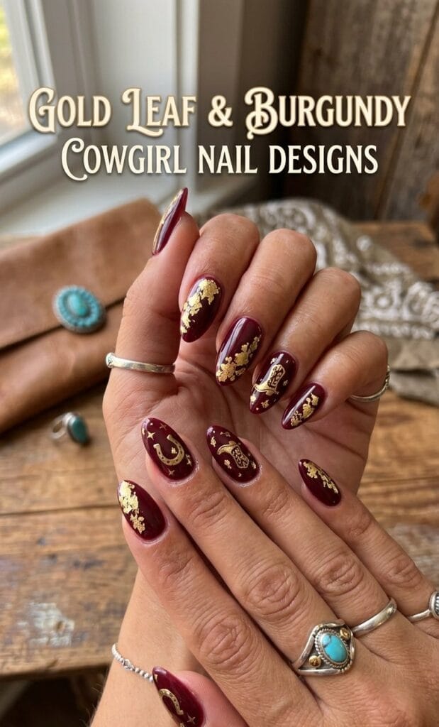 Gold Leaf and Burgundy Cowgirl Nail Designs