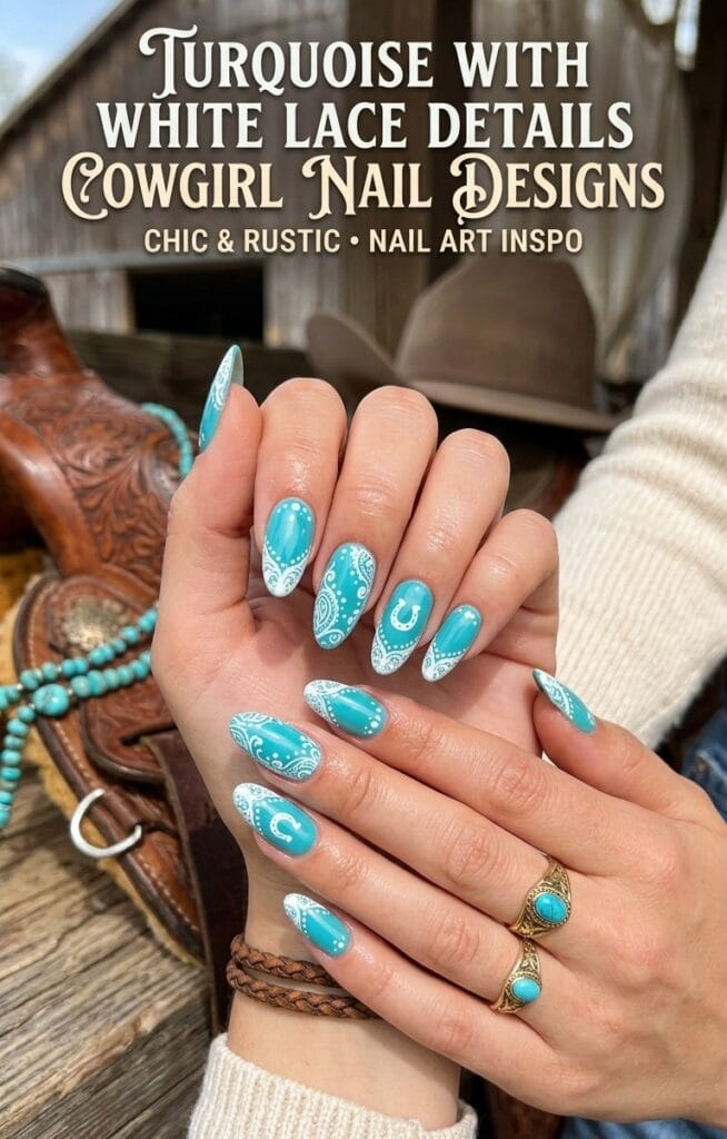 Turquoise with White Lace Details Cowgirl Nail Designs