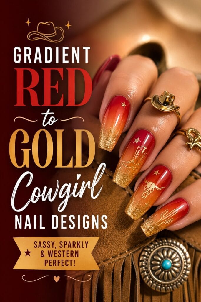 Gradient Red to Gold Cowgirl Nail Designs