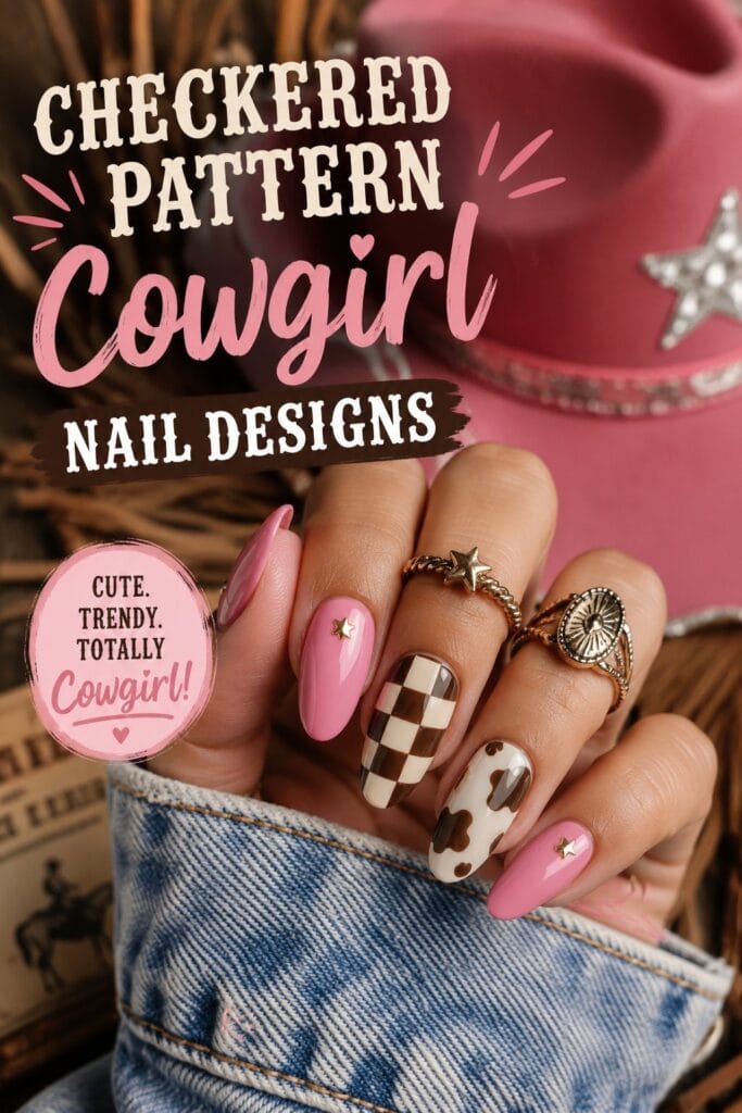 Checkered Pattern Cowgirl Nail Designs
