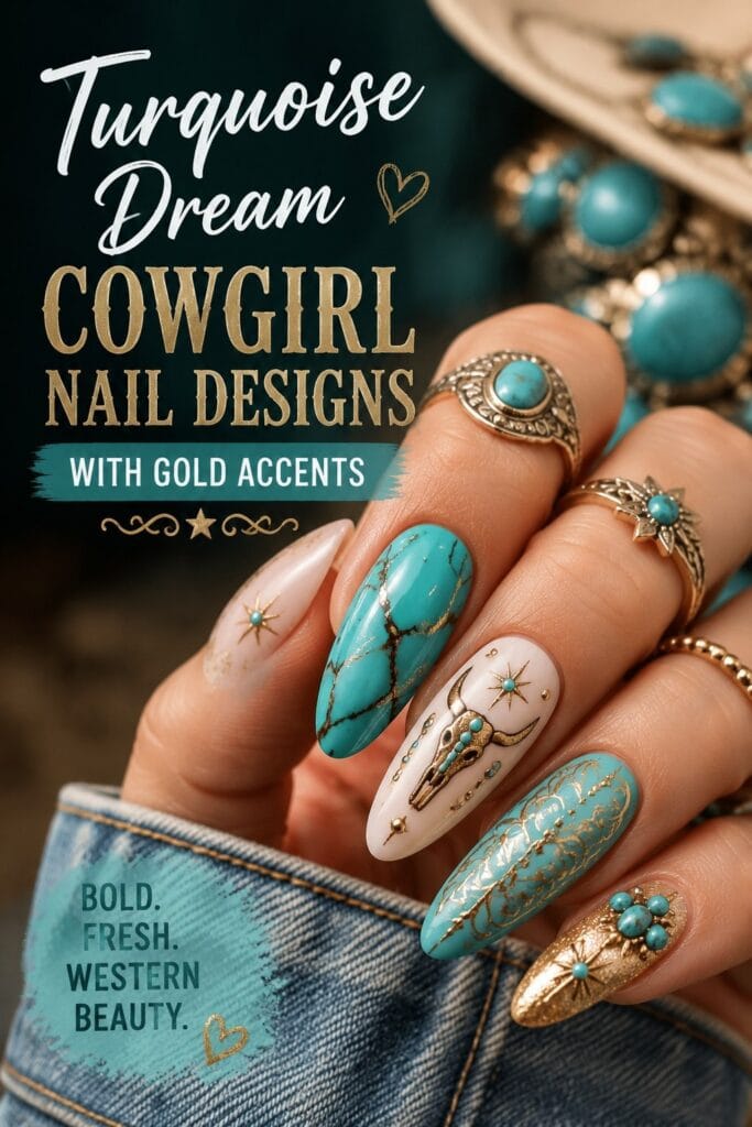 Turquoise Dream Cowgirl Nail Designs with Gold Accents