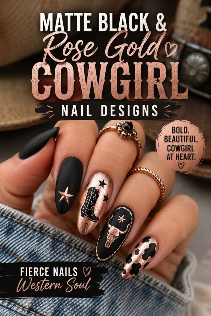 Matte Black and Rose Gold Cowgirl Nail Designs